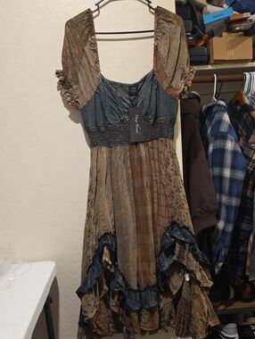 Patchwork Boho Midi Dress in Olive and Teal by Key Trends